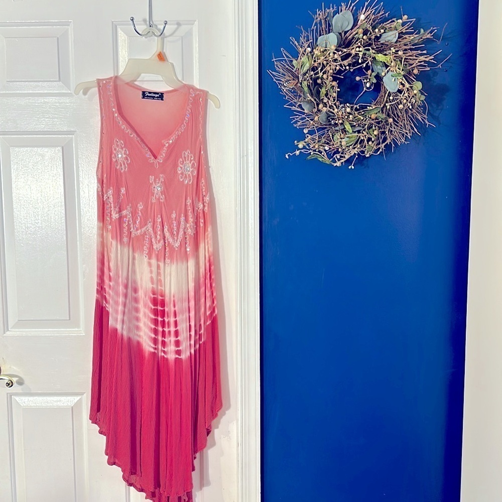 NWOT Feelings Pink & White Tie Dye Sequined Handkerchief Cover Up Dress